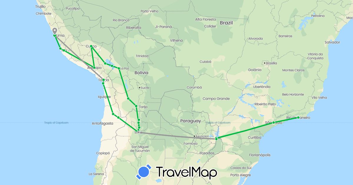 TravelMap itinerary: driving, bus, plane in Argentina, Bolivia, Brazil, Chile, Peru, Paraguay (South America)